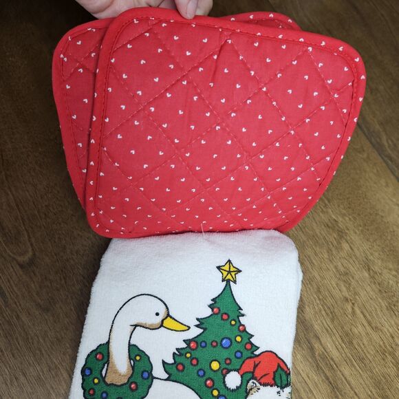 Vtg Christmas 1 Kitchen Towel 2 Pot holders Goose Teddy Bear Tree Grandma Core - Picture 3 of 5